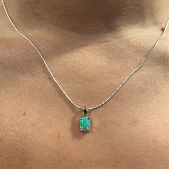 Sterling Silver Green Lab Oval Opal Necklace - Picture 7 of 17